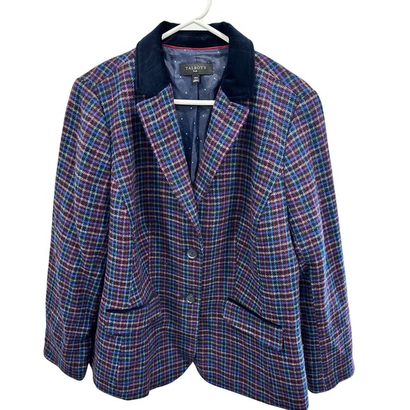 Talbots Jackets & Blazers - Talbots Plus Size 14W Wool Blend Plaid Blazer Velvet Collar Multi-Color Jacket